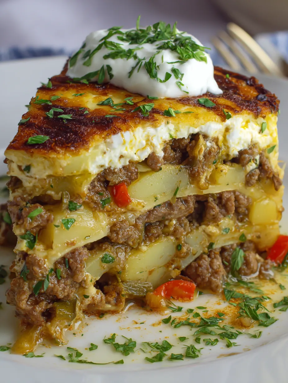 A slice of lasagna with white cheese and sour cream on top.
