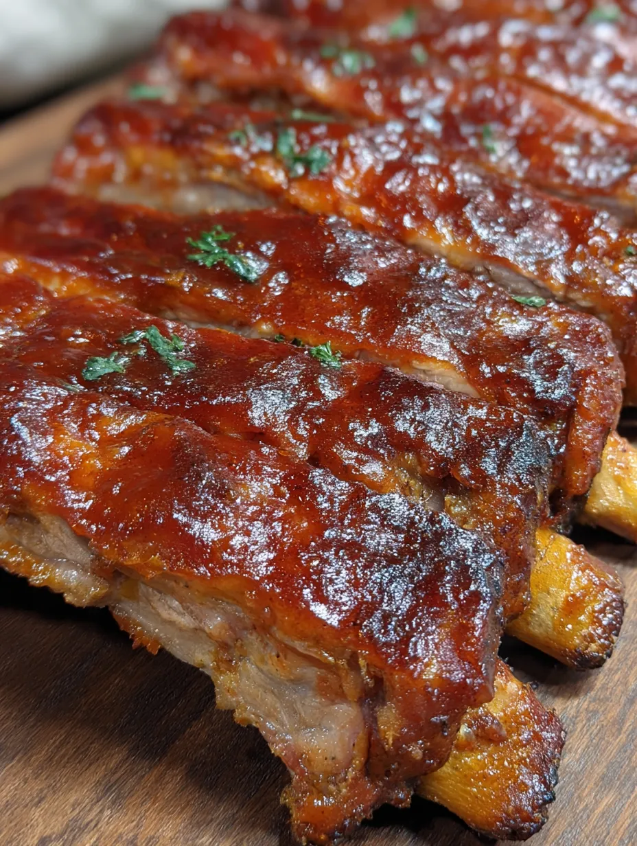 BBQ ribs on a wooden table.