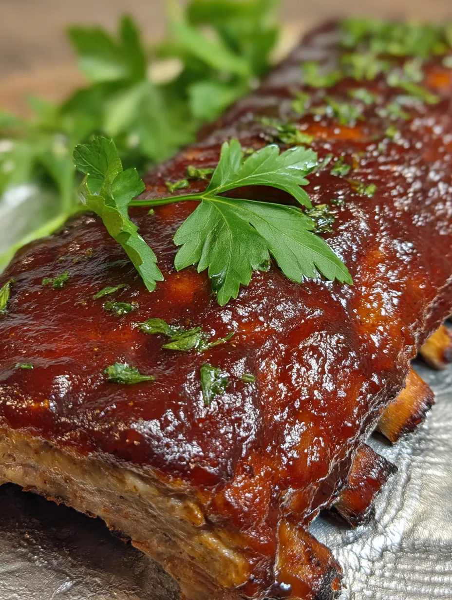 A rib of meat with a green herb on top.