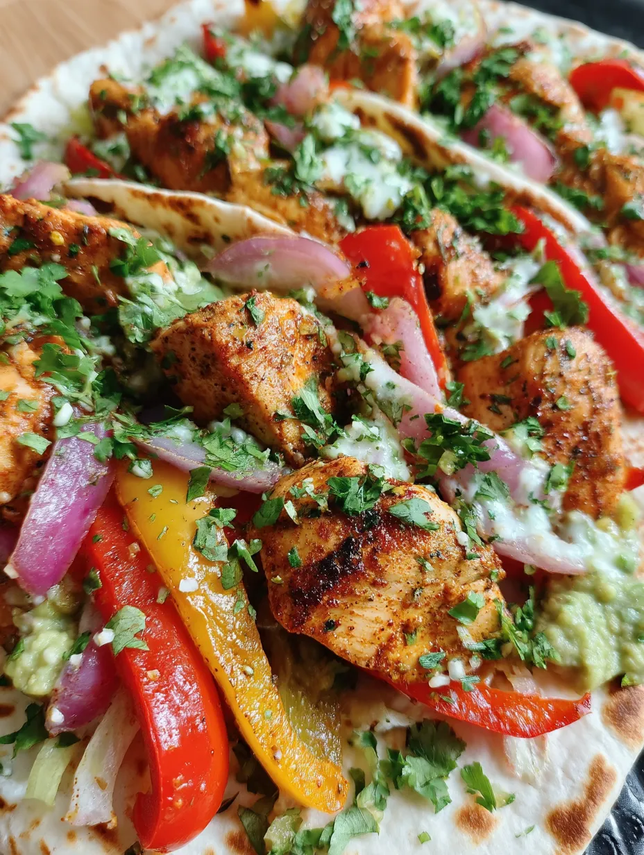 A pizza with chicken, peppers, onions, and avocado.