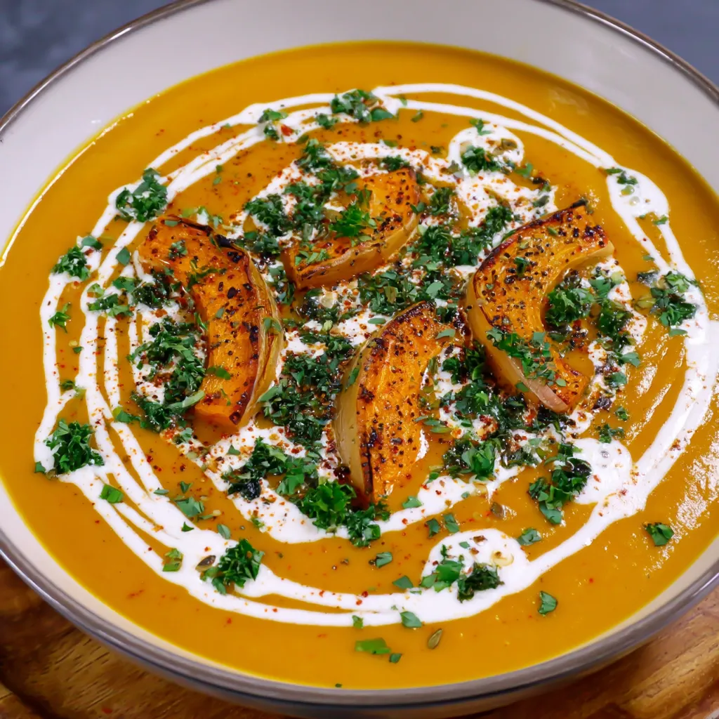 A bowl of soup with a spoon in it.