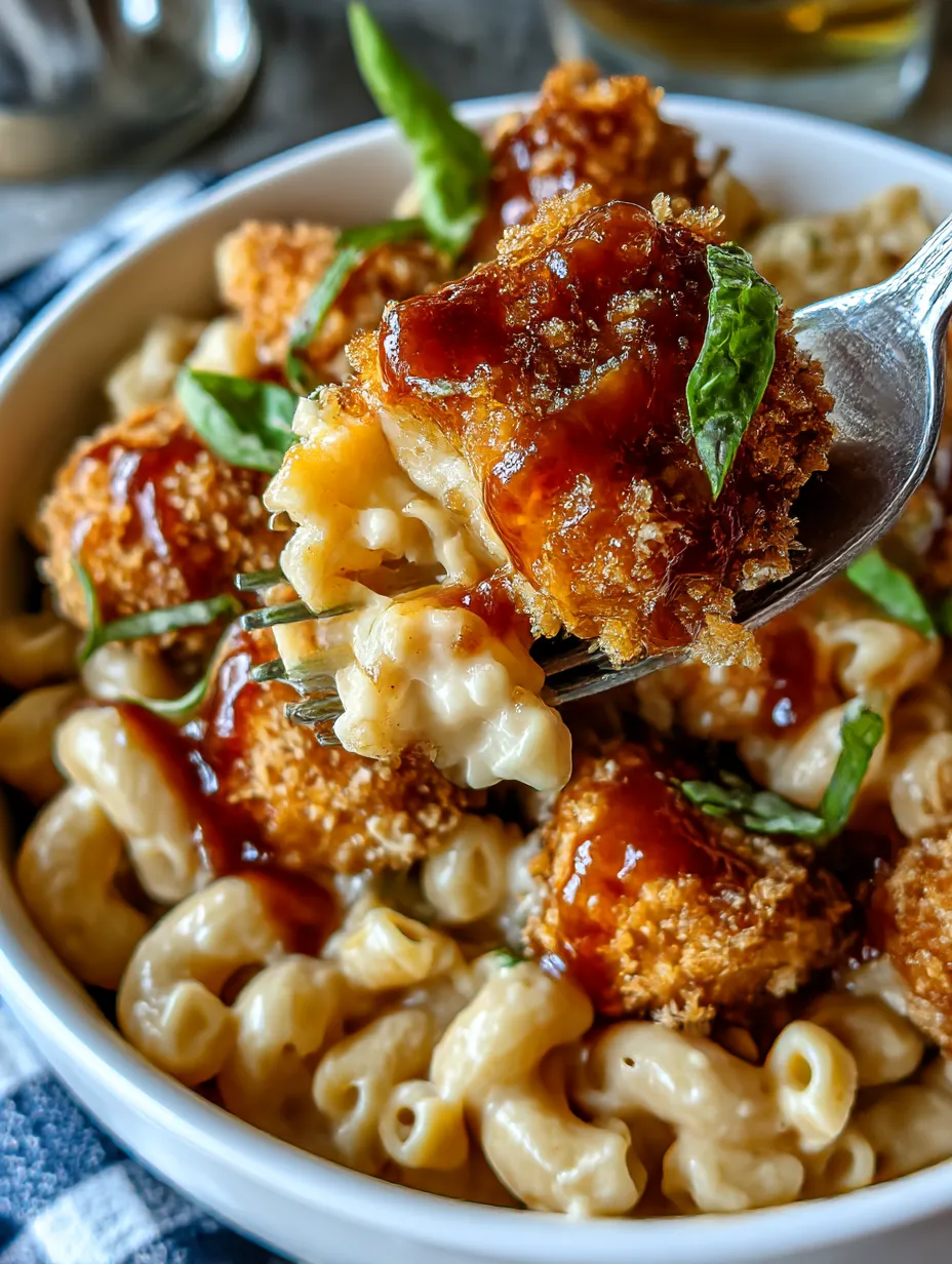 Someone diving in with a fork to scoop honey pepper chicken mac and cheese.