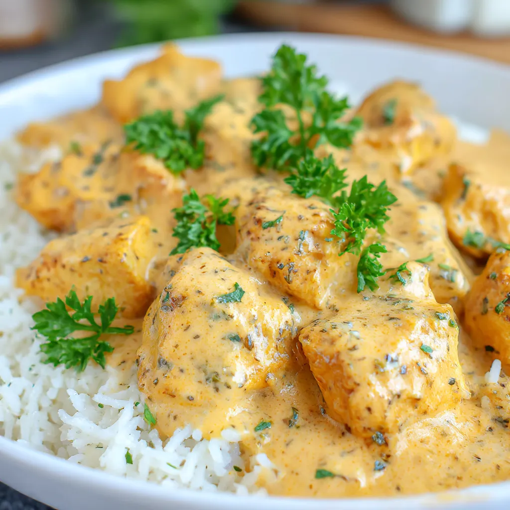 A bowl with chicken and rice swimming in rich creamy sauce.