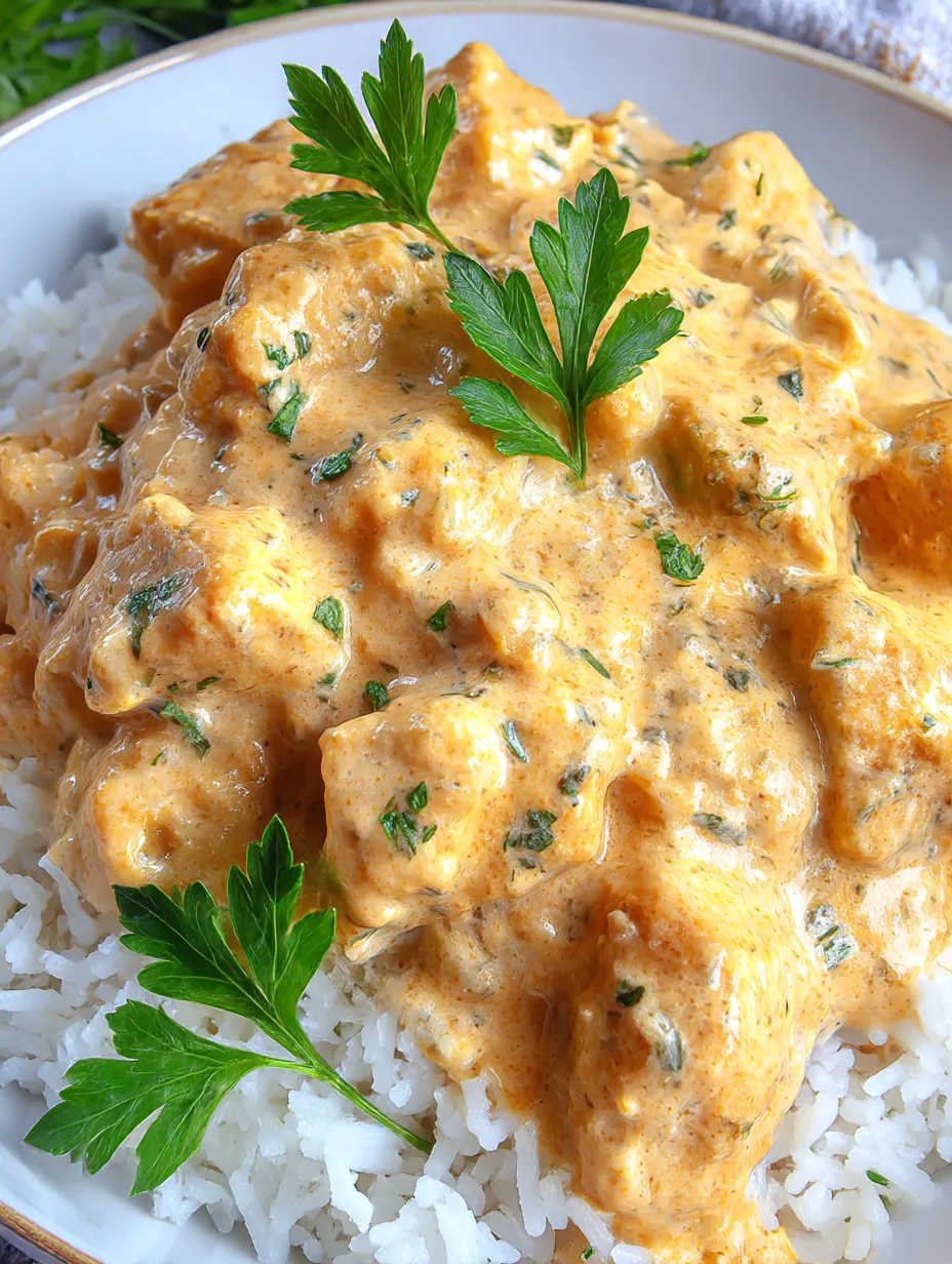 A warm bowl piled with rice, chicken, and silky cream sauce.