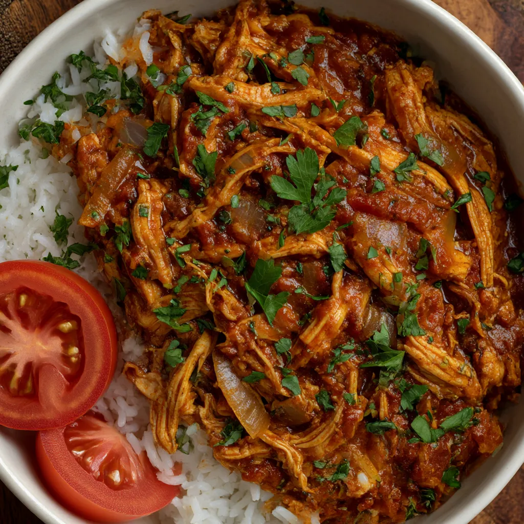 A bowl filled with juicy Mexican Tinga Chicken.