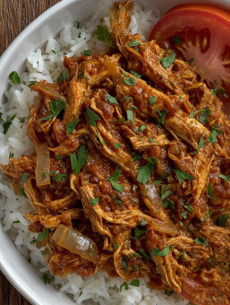 A bowl filled with Mexican Tinga de Pollo topped with onions.