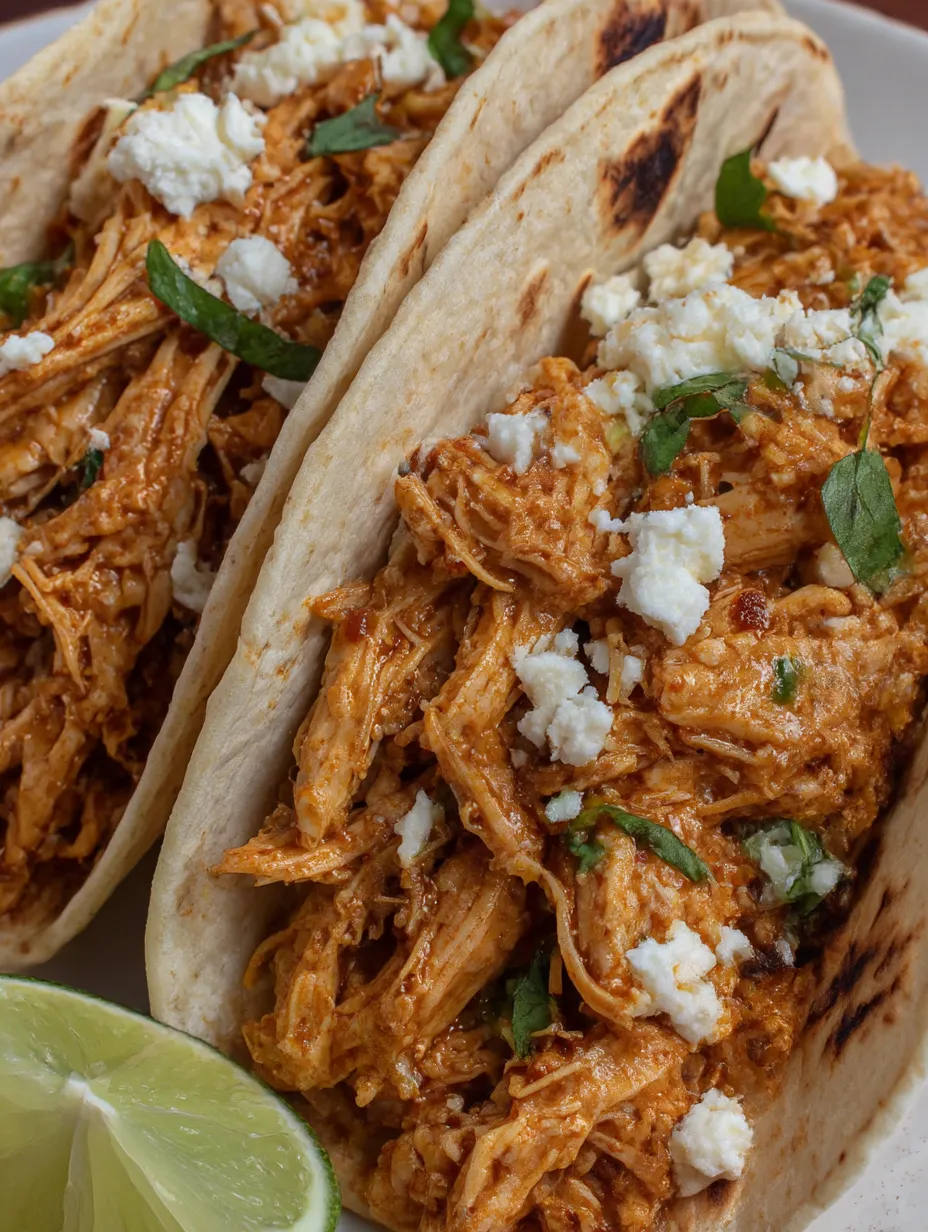 Two chicken tacos loaded with guac and cheese.