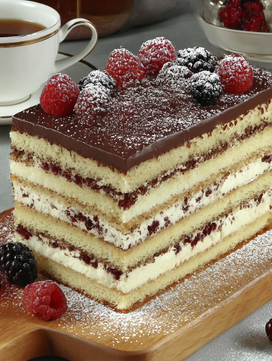 A chocolate custard layered cake with raspberries on top.