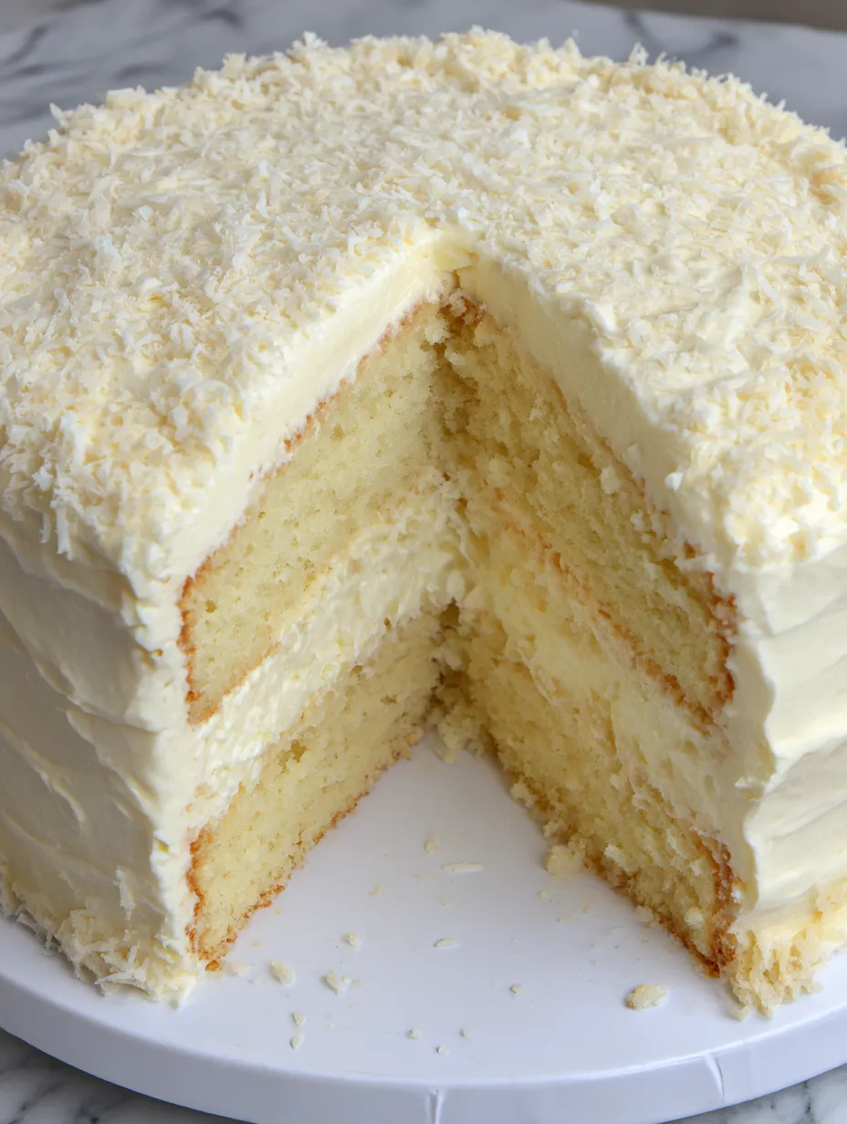 A slice from Cheesecake Factory's lemon cream cake with layers showing.