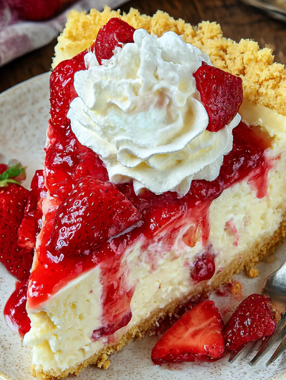 A slice of strawberry cheesecake with whipped cream on top.
