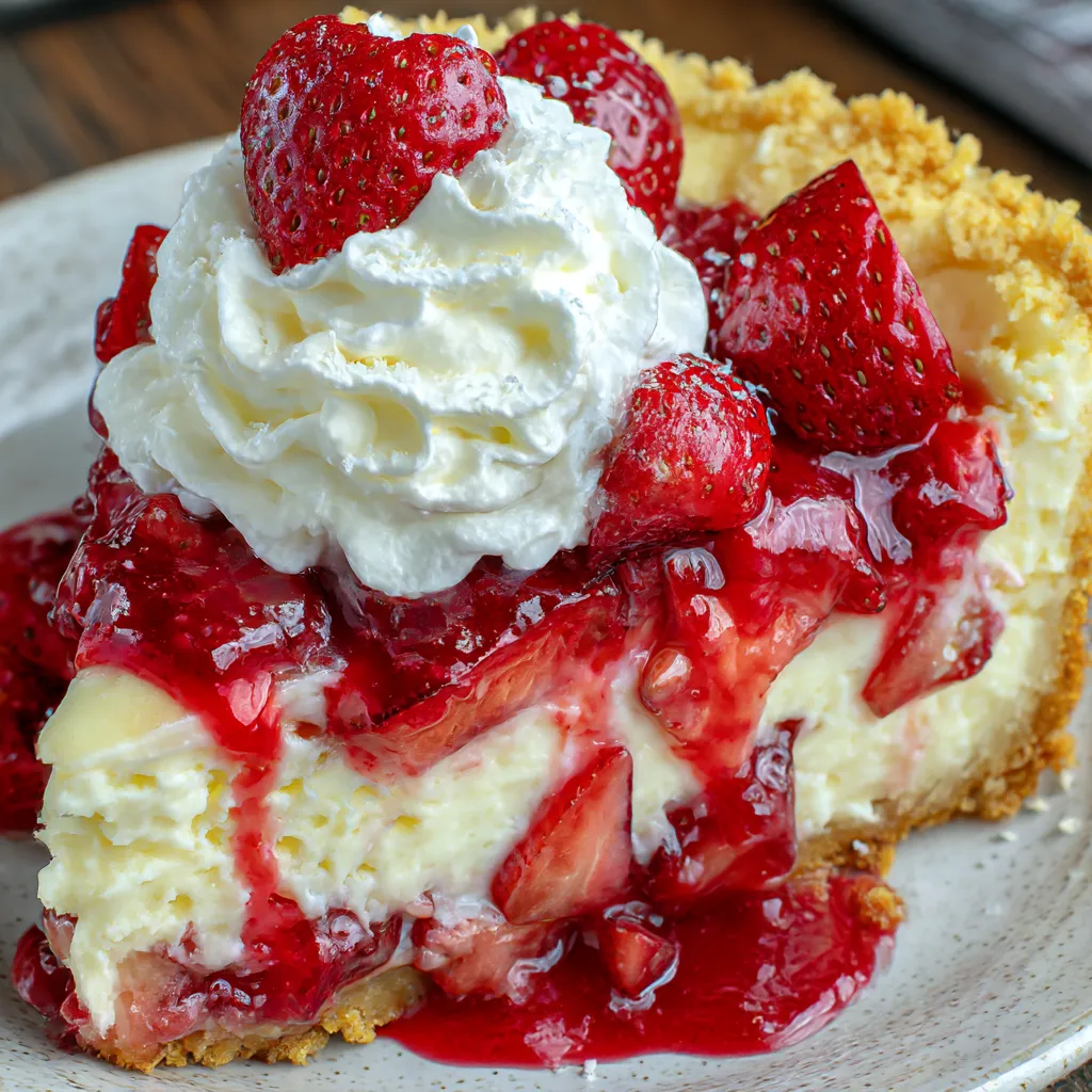 Slice of strawberry cheesecake served on a plate.