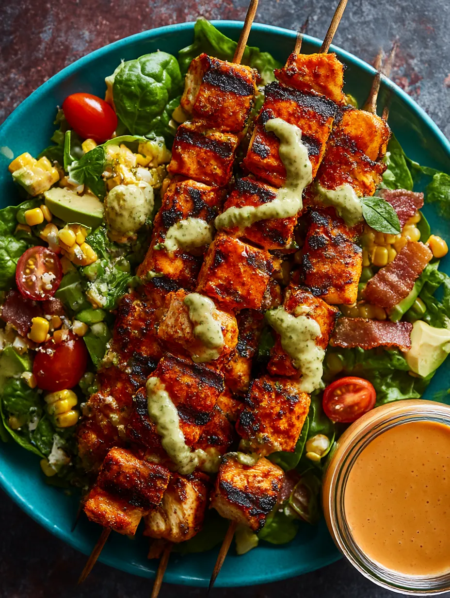 A big plate loaded with colorful buffalo chicken skewer salad.