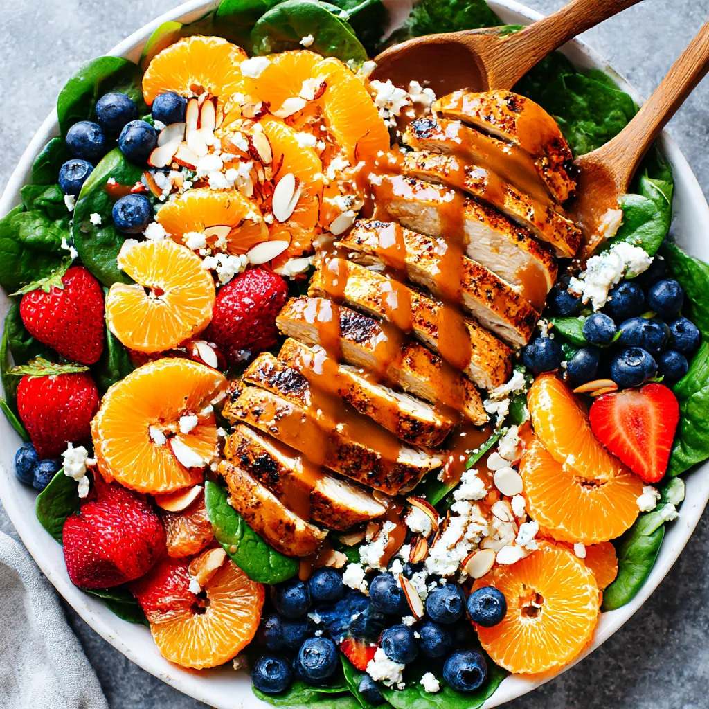 A colorful mix of spinach, chicken, berries, and almonds in a bowl.