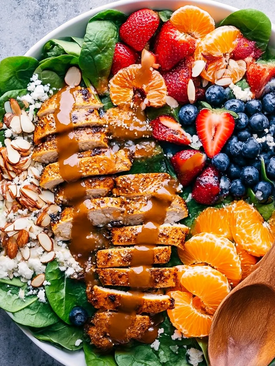 A dish with chicken, spinach, plus fruit pieces.