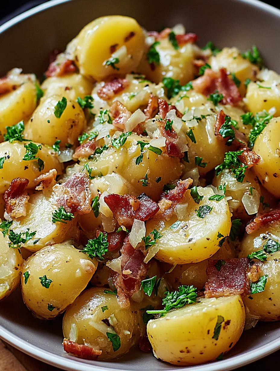 Eine Schüssel mit Bacon, Zwiebeln und Kartoffeln.