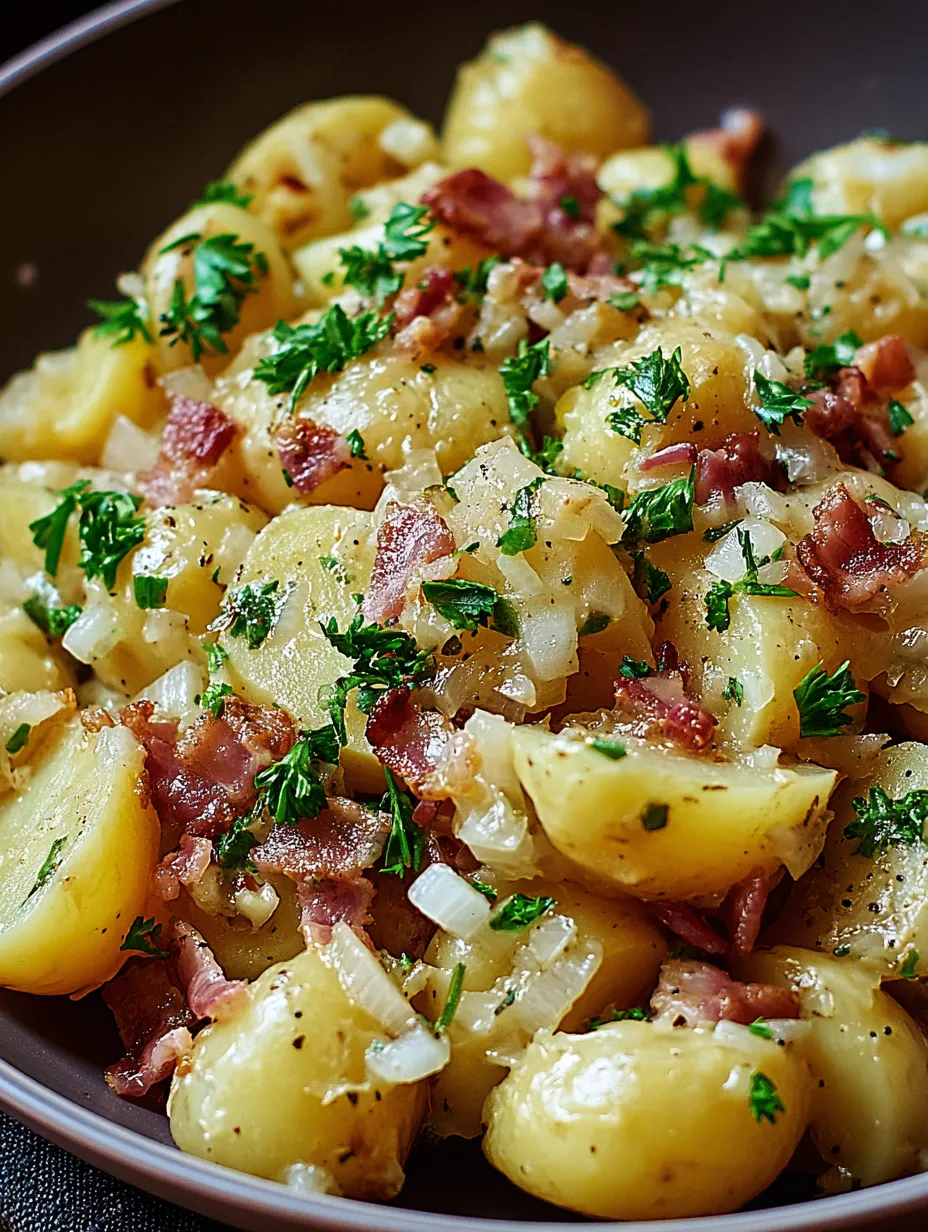Ein Bild von einer Mischung aus Kartoffeln, Zwiebeln und Bacon.