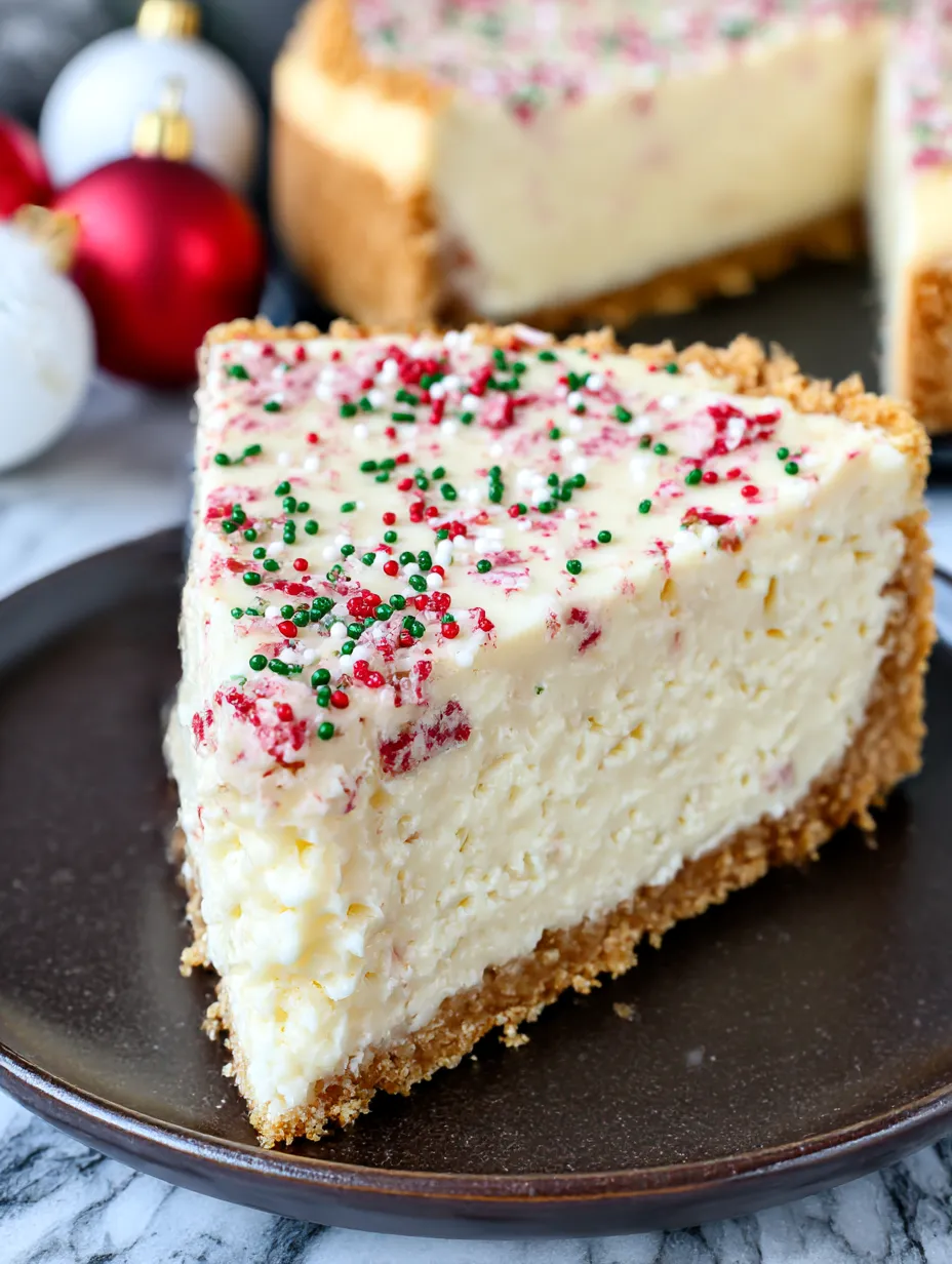 A slice showing creamy cheesecake with a sugar cookie crust and sprinkles.