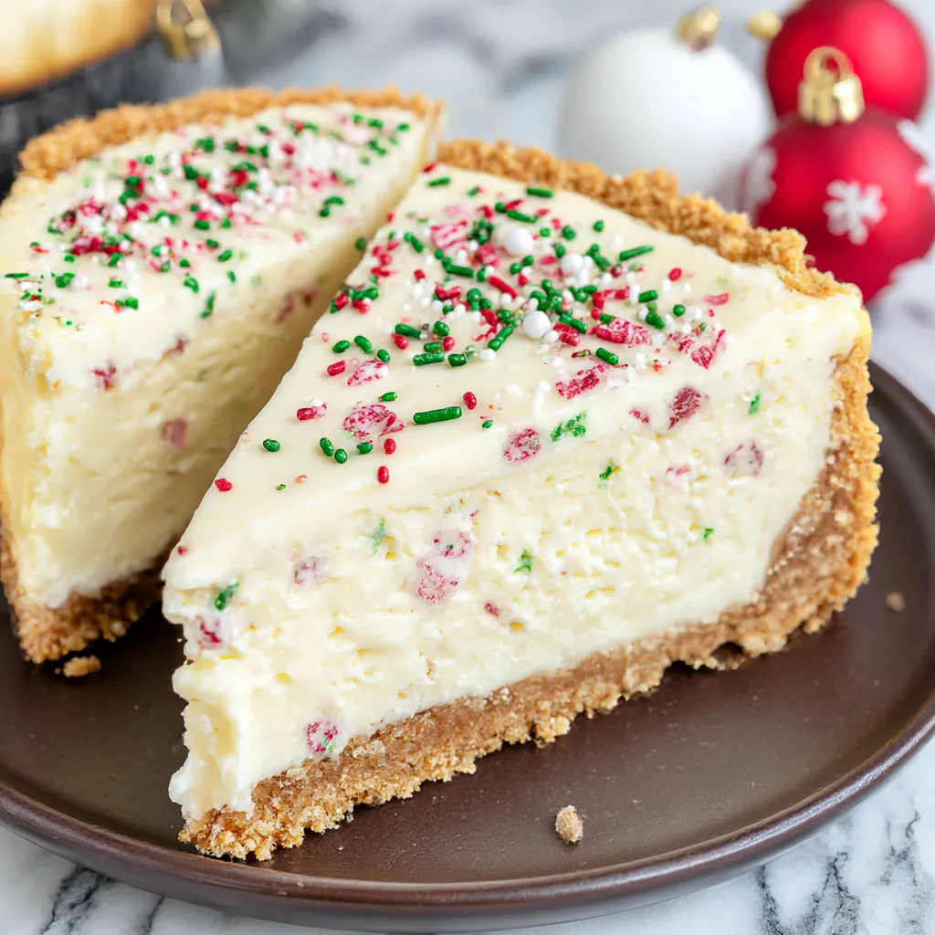 You see a wedge of sugar cookie cheesecake on a plate.