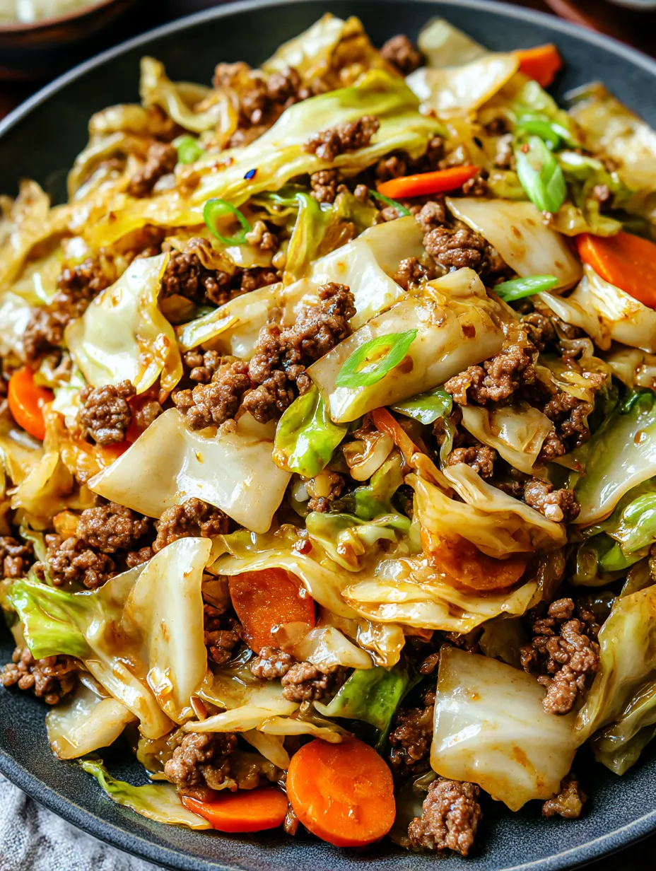 Close shot of savory beef, cabbage, and mushrooms in a colorful stir fry.