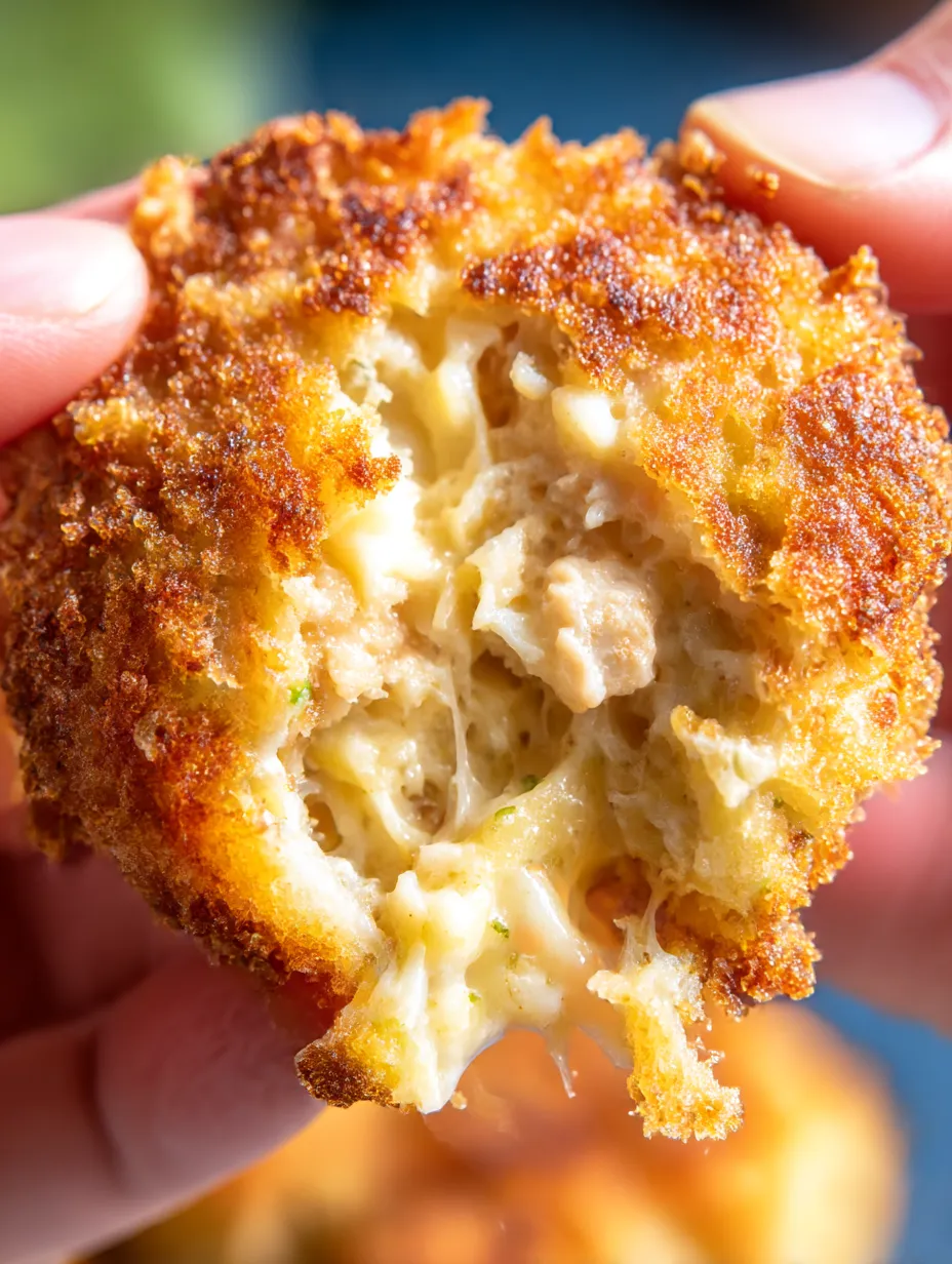 A hand is holding a piece of chicken patty with cheese inside.