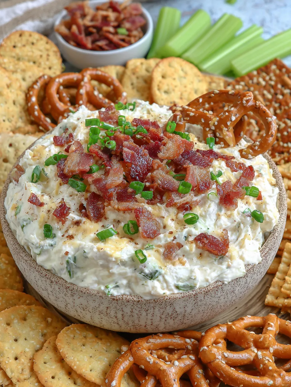 Ein Becher mit Bacon-Dip und Pretzels.