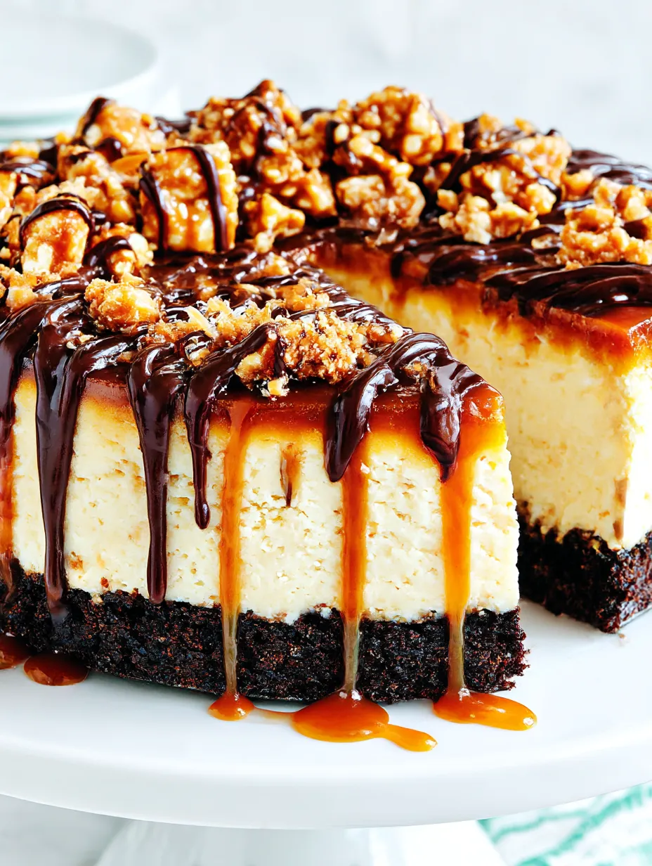 A big slice of creamy cheesecake with caramel and coconut on top.