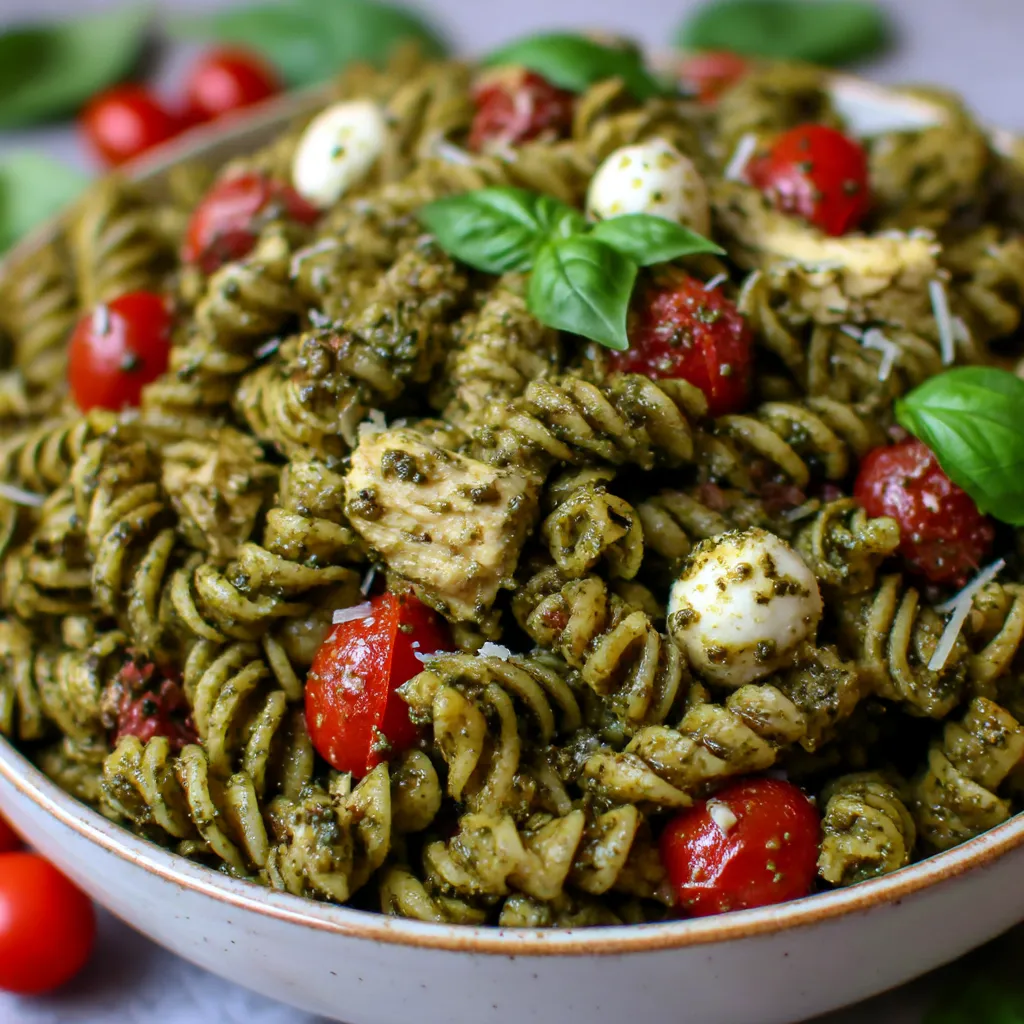 Chicken pesto pasta salad served in a bowl.
