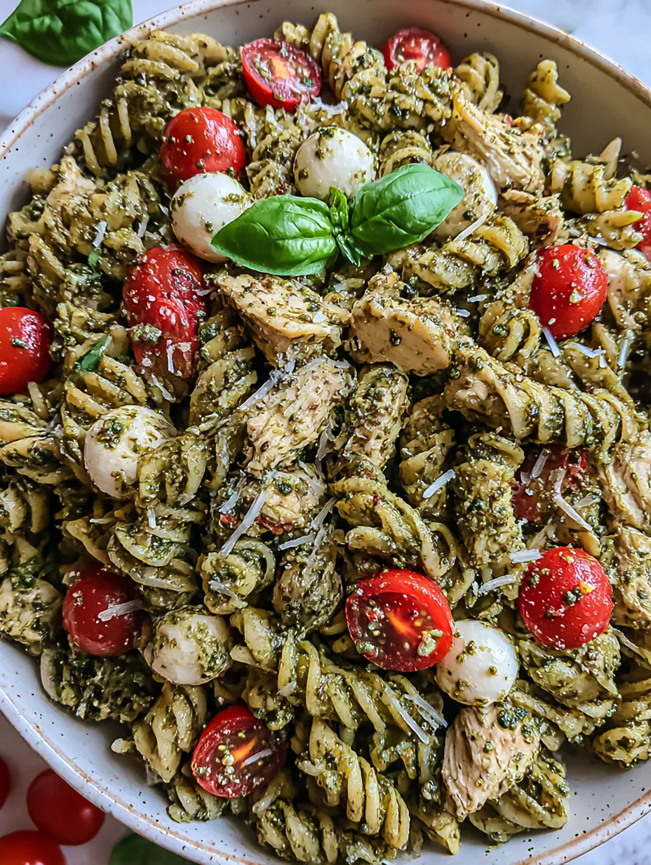 A bowl of chicken pesto pasta salad.