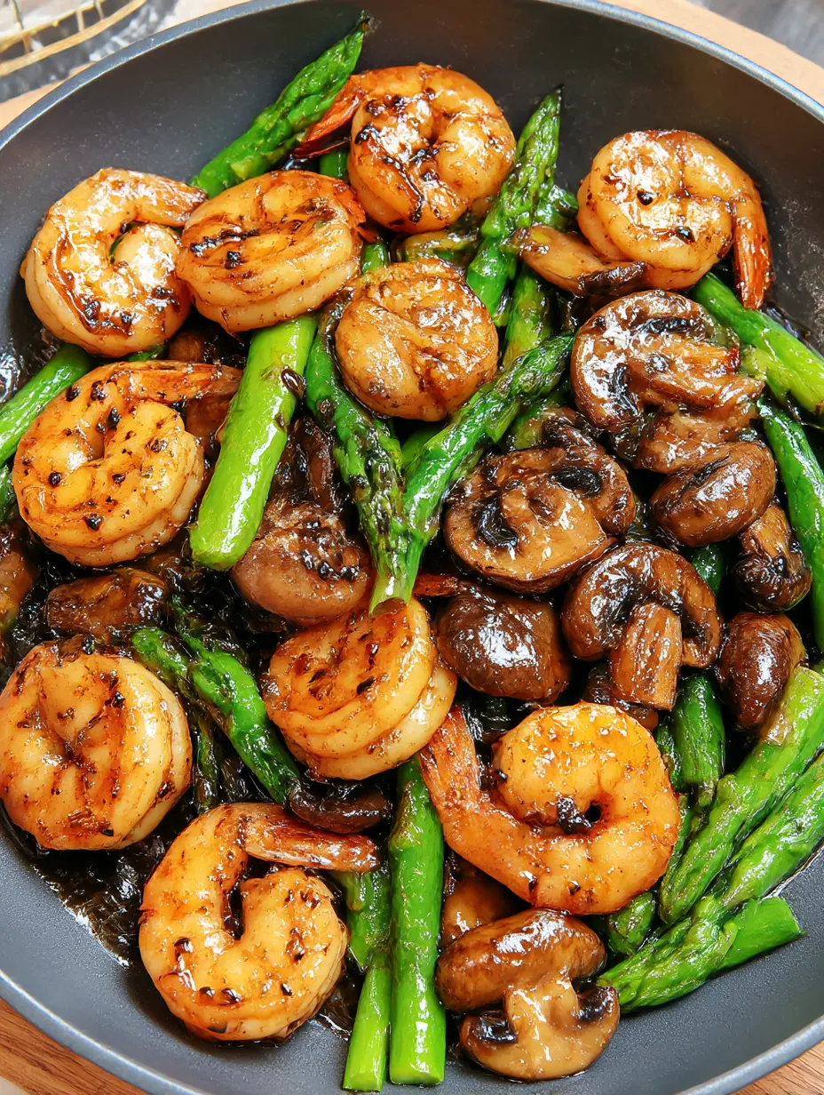 A stir-fry with juicy shrimp, crisp asparagus, and mushroom slices.