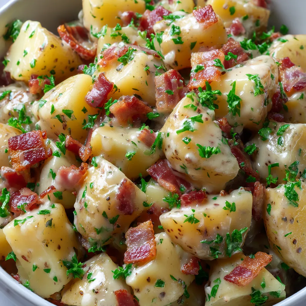 A bowl of German potato salad packed with bacon pieces and fresh green herbs.