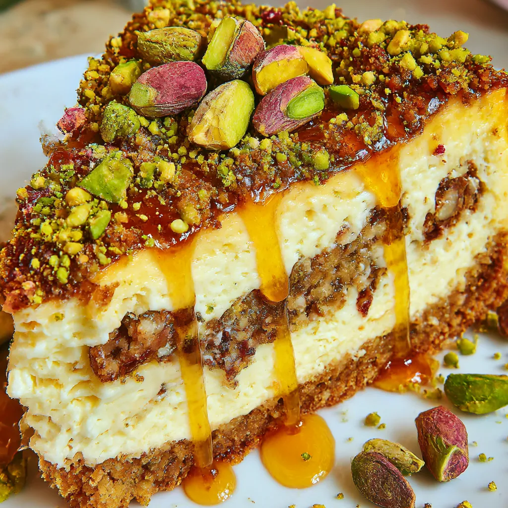 Baklava cheesecake slice topped with caramel drizzle.