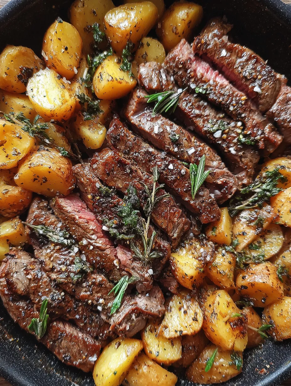 Eine Schüssel mit Steak, Kartoffeln und Zwiebeln.