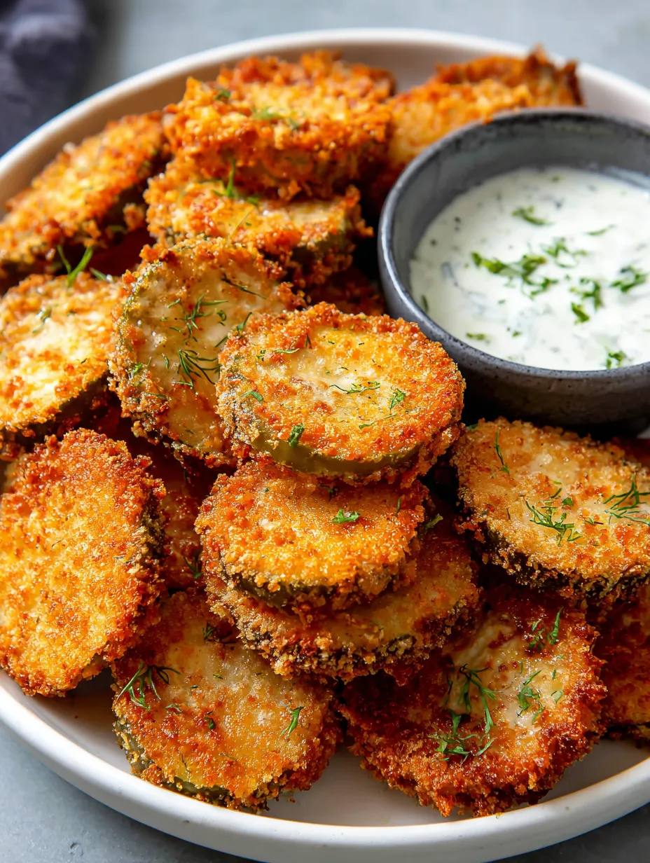 Ein weißer Teller mit einer Schüssel, die mit einer cremigen Sauce gefüllt ist. Darunter liegen zerbrichtige, frittierte Zucchini-Stücke, die in der Sauce getaucht sind.