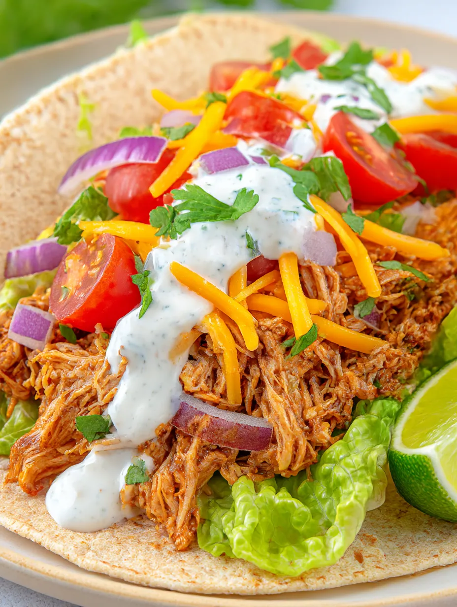 A plate stacked with juicy pulled chicken, fresh lettuce, and tomatoes.