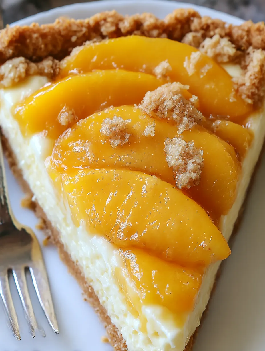 Slice of peach cobbler cheesecake on a plate.