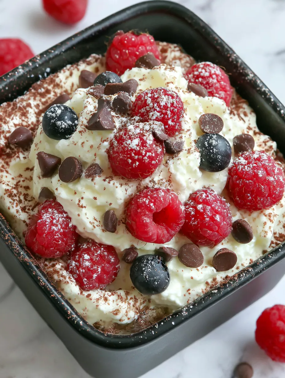 Zoomed-in view of a dessert featuring raspberries and chocolate dusting.