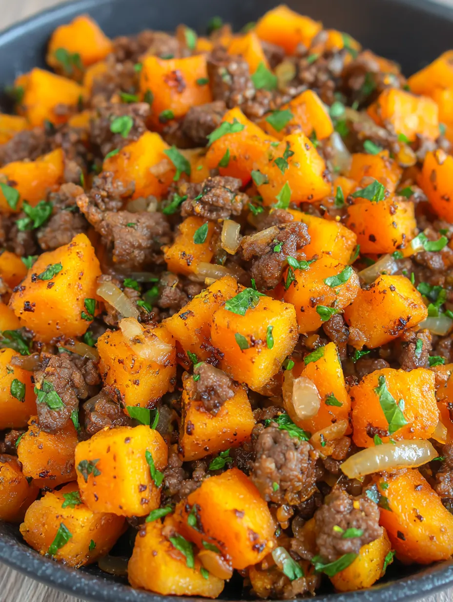 A close up of a savory beef and sweet potato hash.