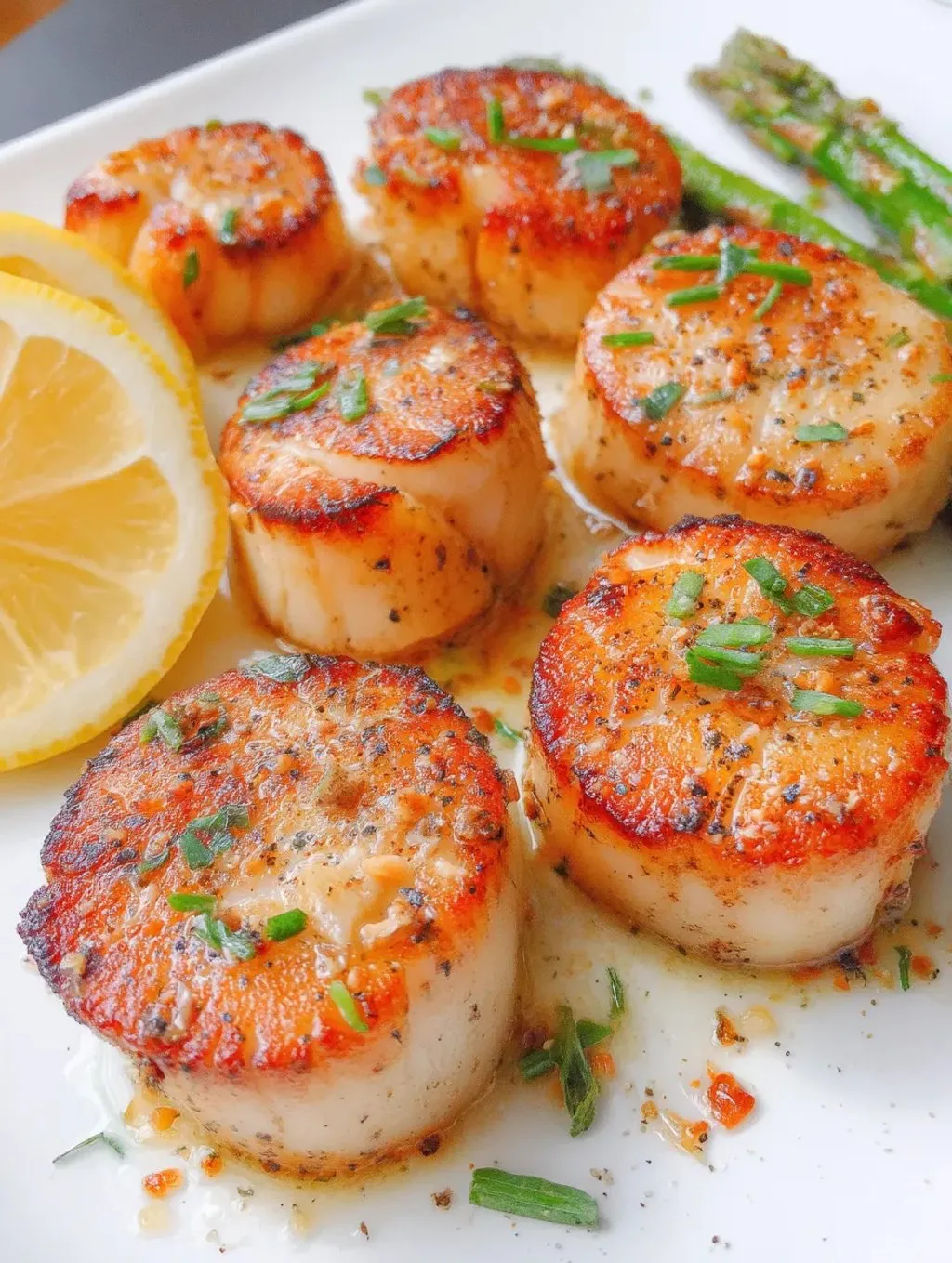 Eine Platte mit sechs gegrillten Muscheln, die mit Zwiebeln und Knoblauch garniert sind.