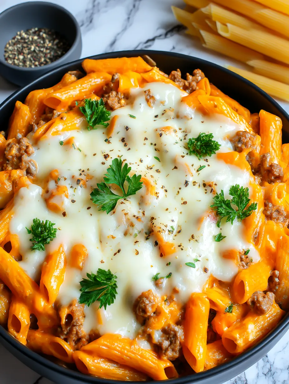 A bowl of creamy rotel pasta with ground beef.