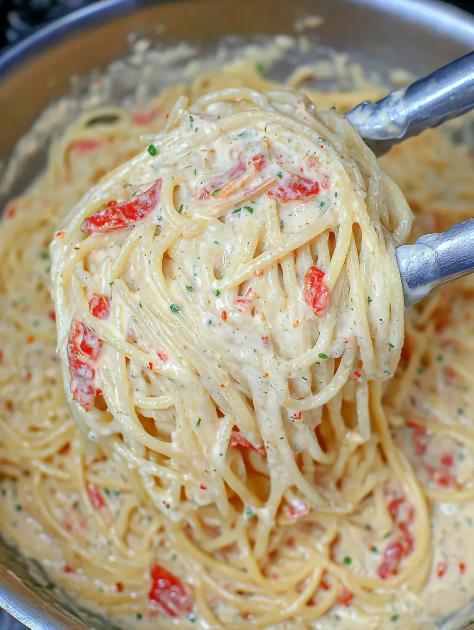 A spoonful of pasta with red peppers and cheese.