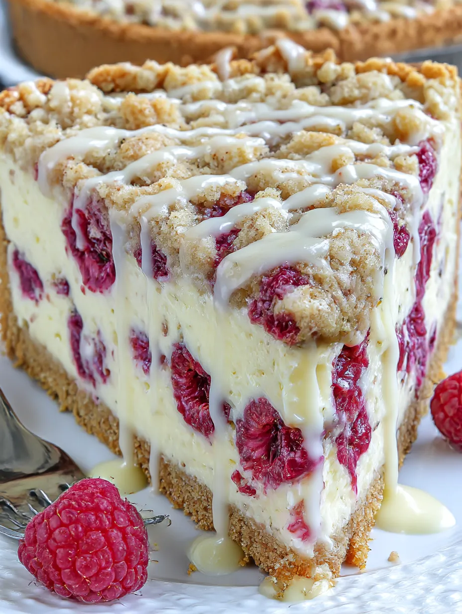 A slice with raspberry, cheesecake, and crumb layers showing.