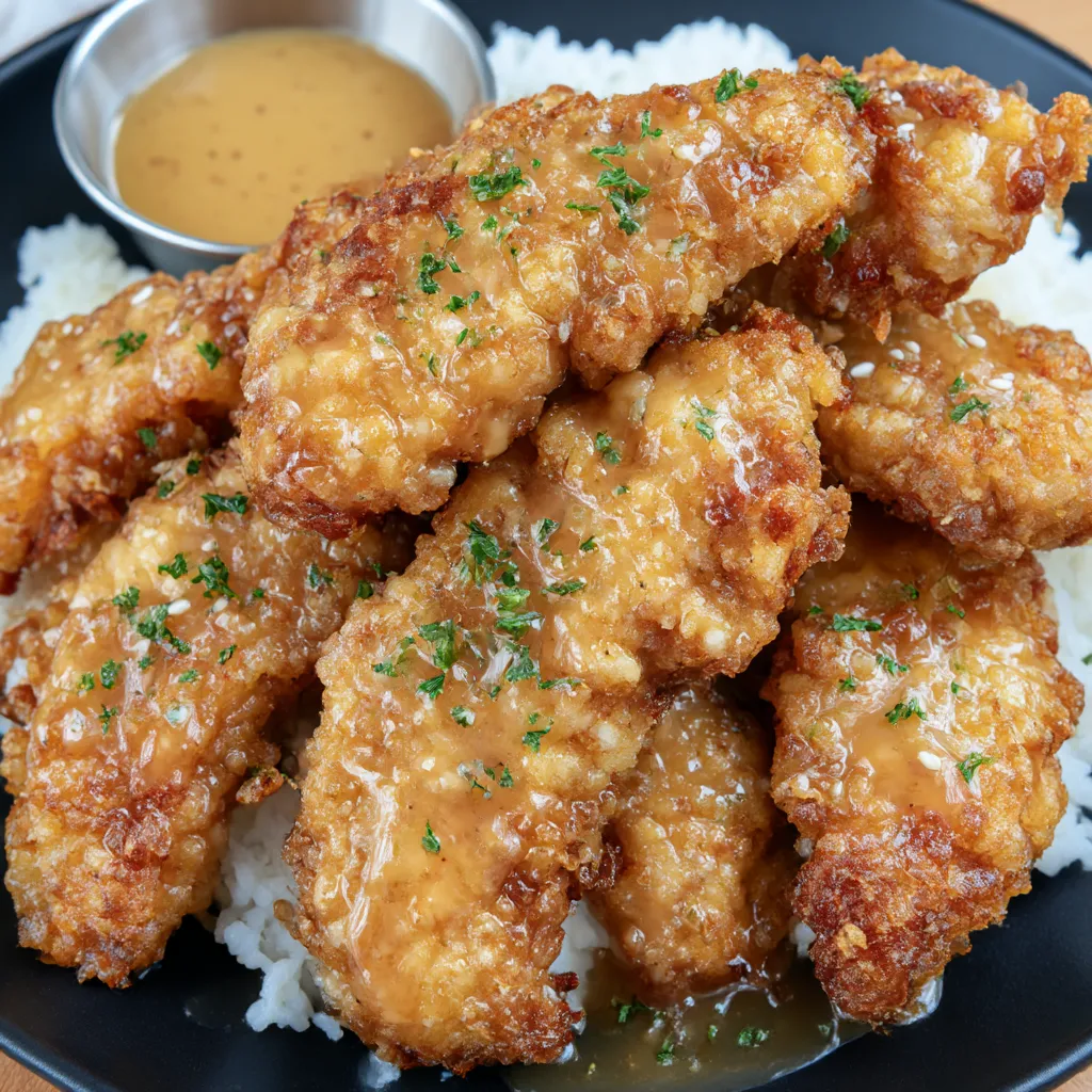 Bang bang chicken piled on a plate with a scoop of rice.