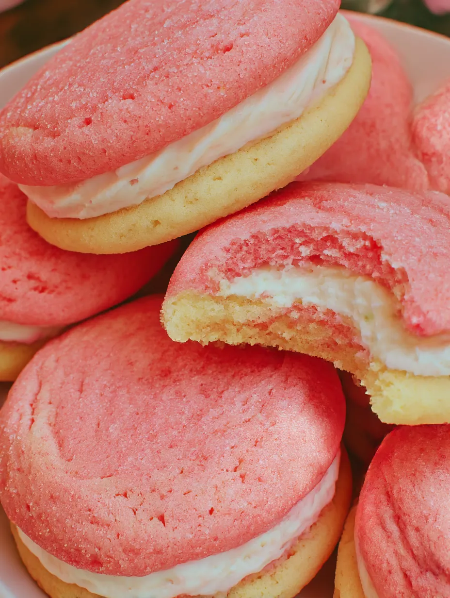 Cookie with a creamy center and strawberry streaks, a big bite missing on one side.