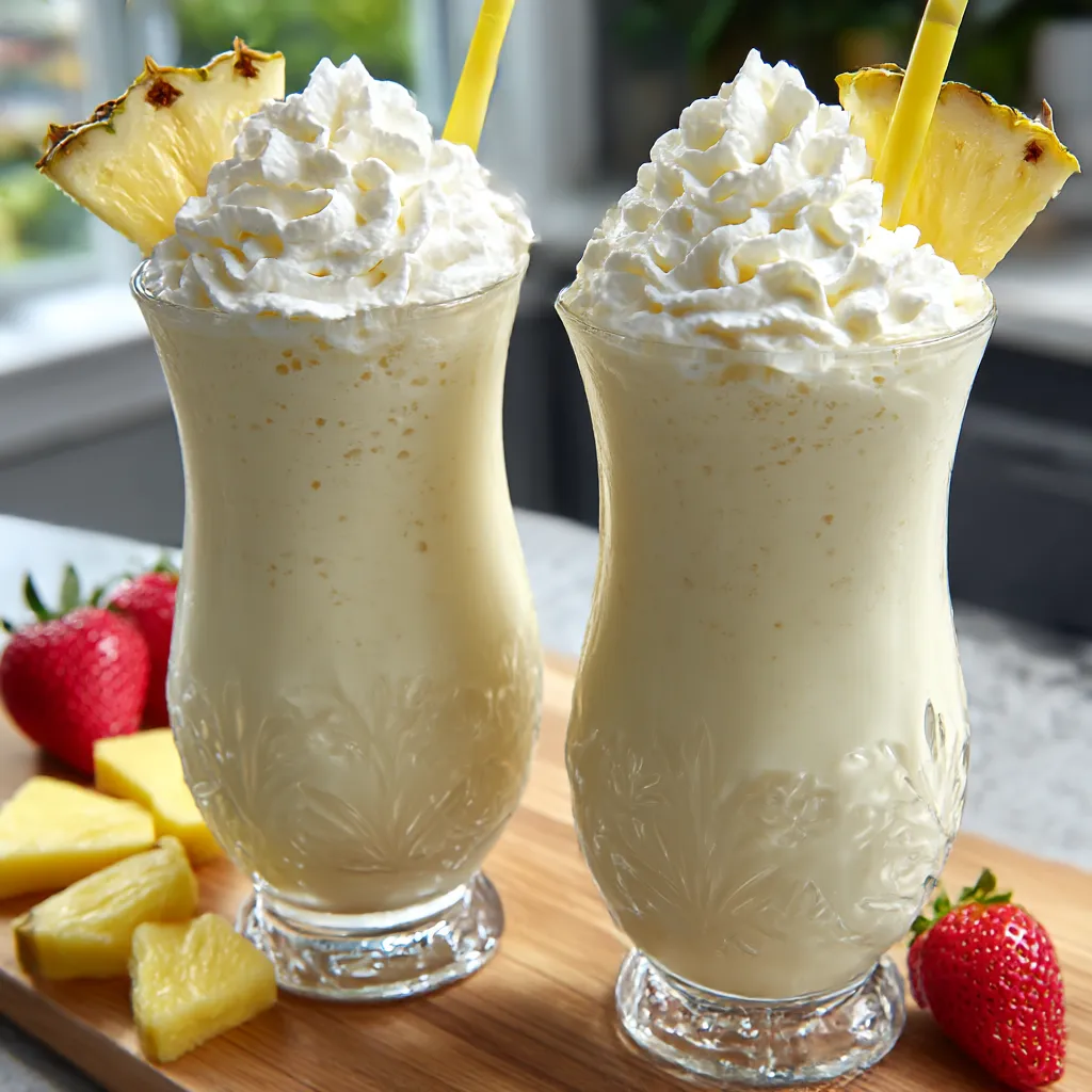 Two tall glasses filled with creamy pina colada milkshake.