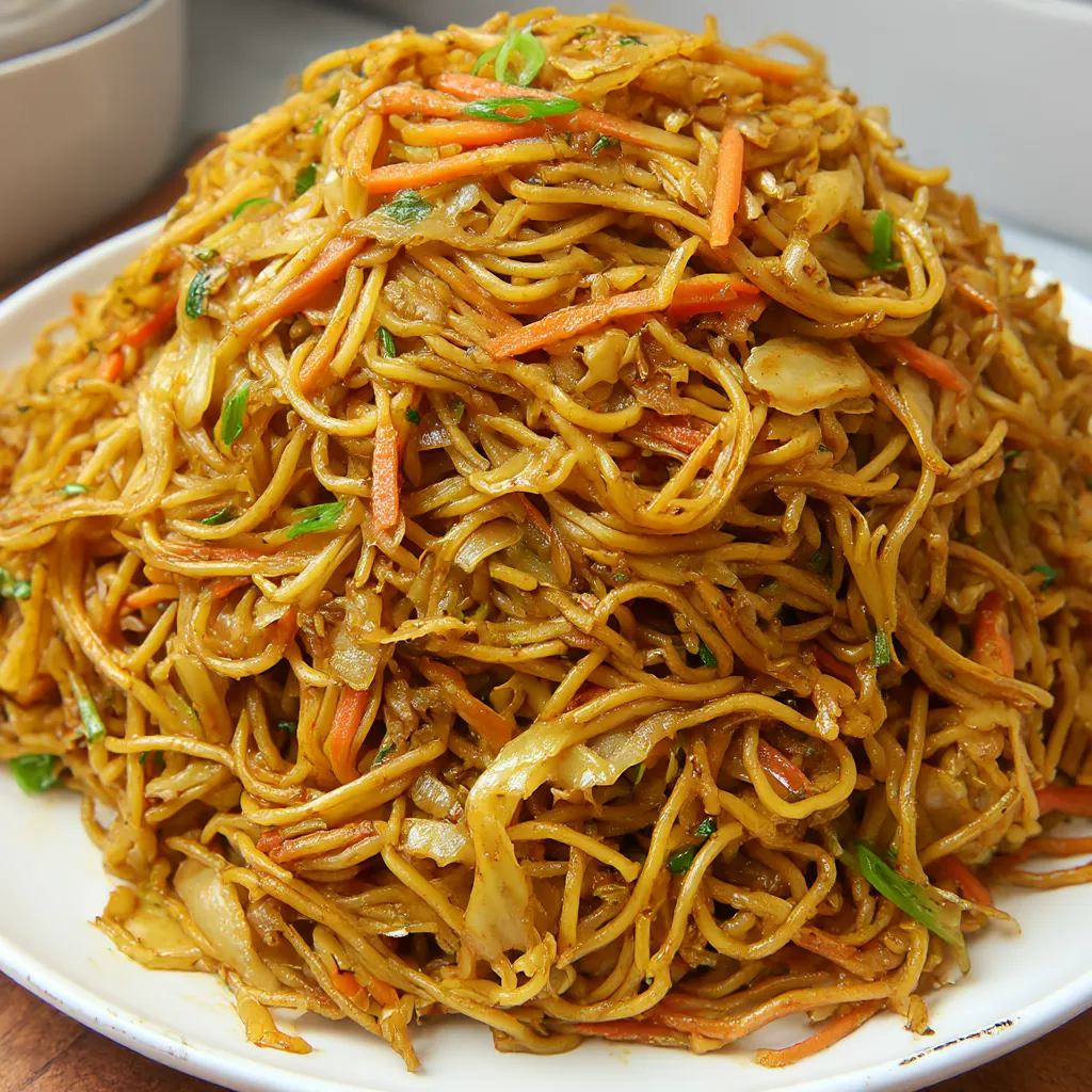 Noodles piled high with lots of bright veggies.