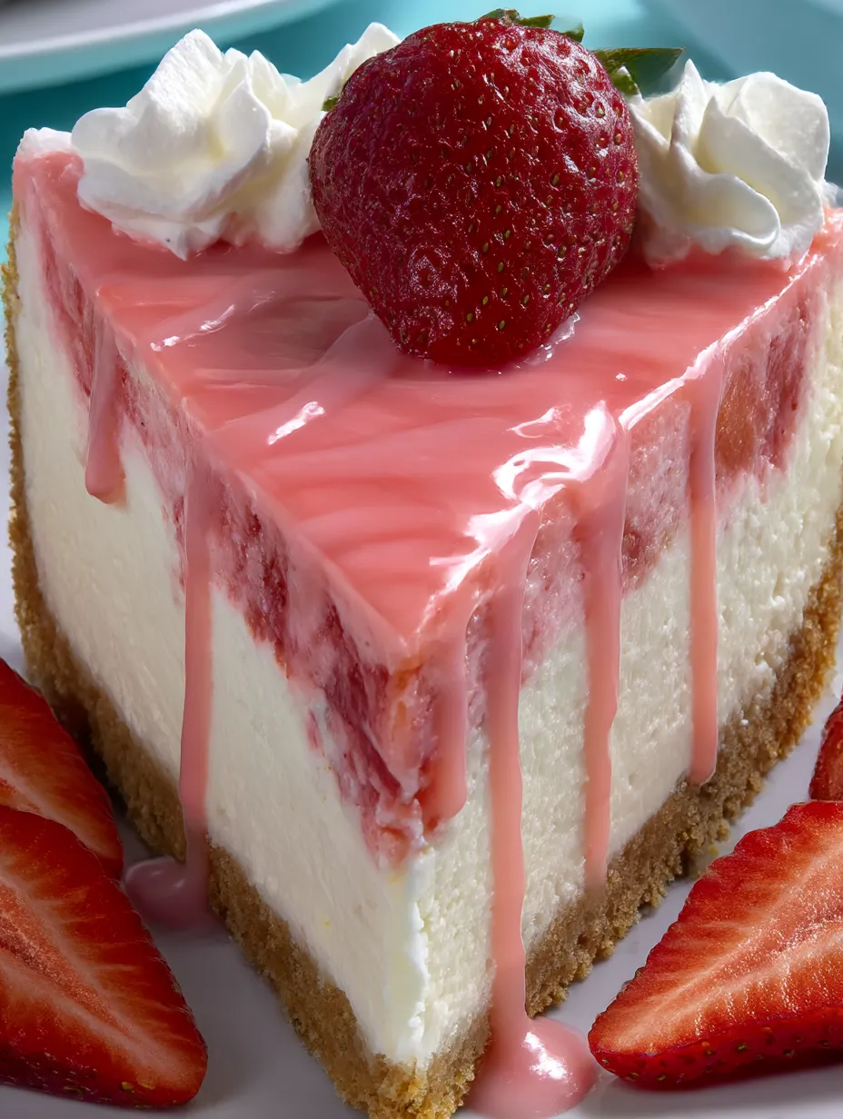 A slice of strawberry banana delight cheesecake.