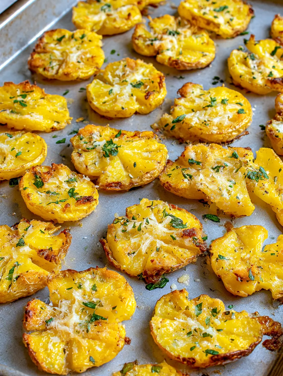 Golden crisp Parmesan smashed potatoes scattered on a sheet tray.