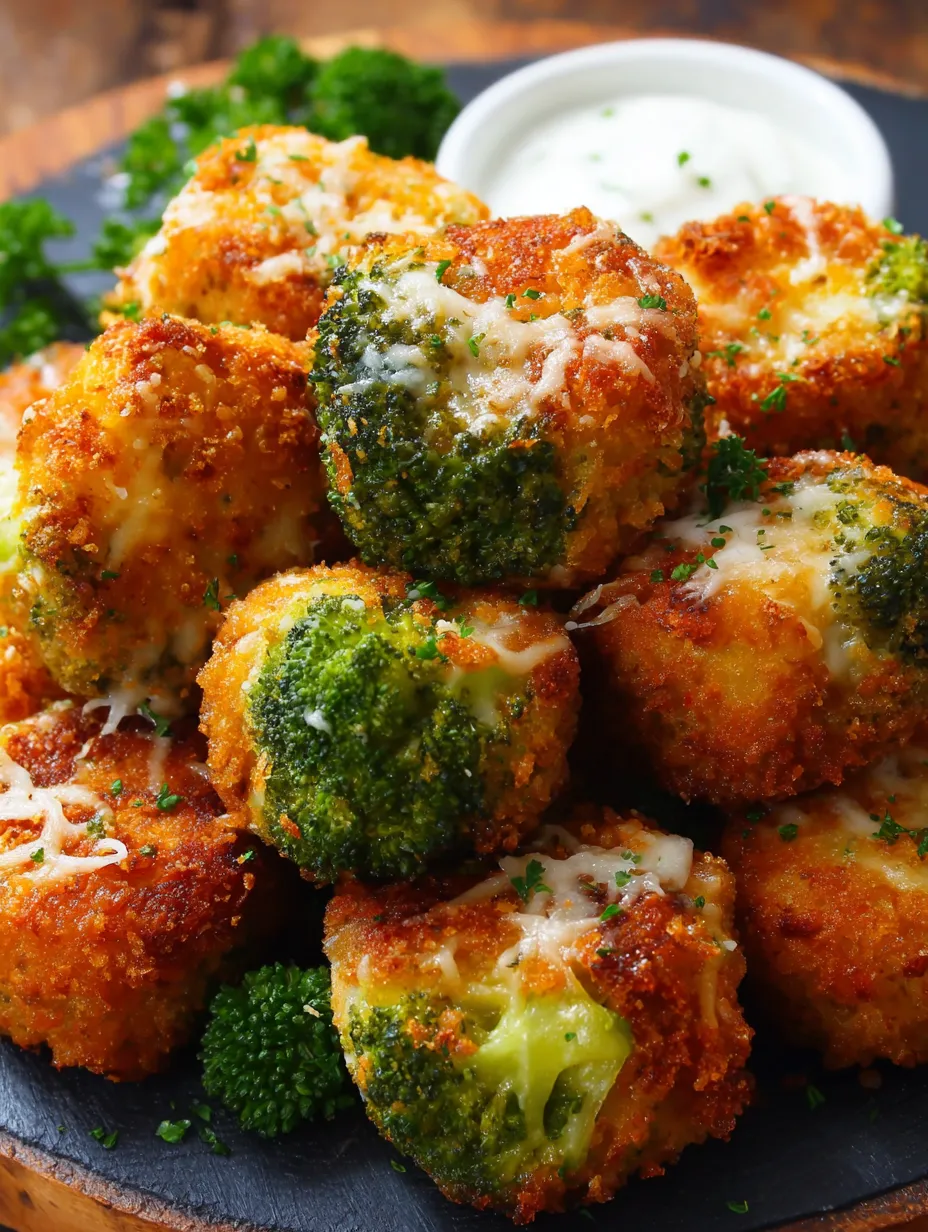 A platter with freshly made broccoli dumplings in a flavorful sauce.