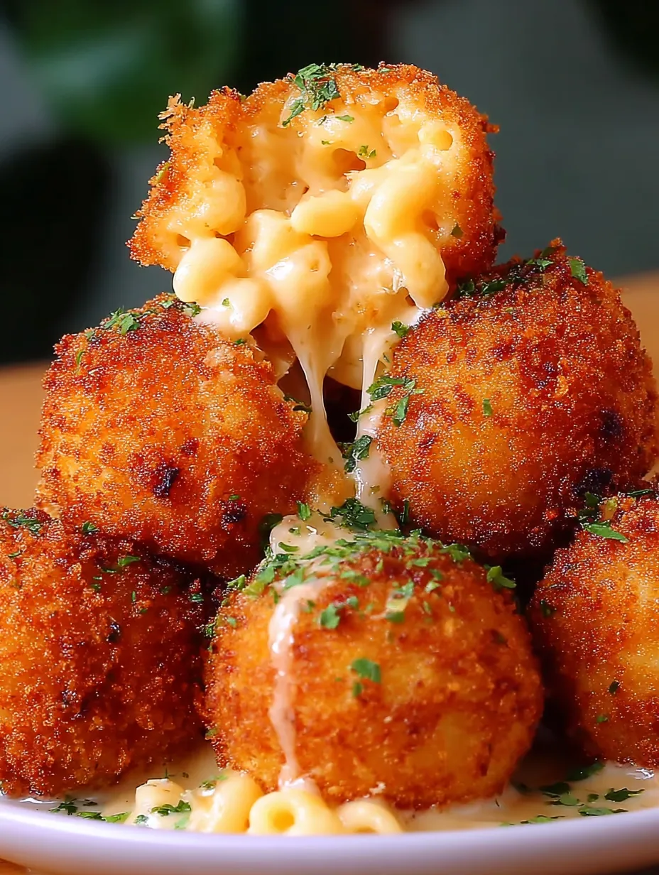 A plate with split-open macaroni and cheese balls.