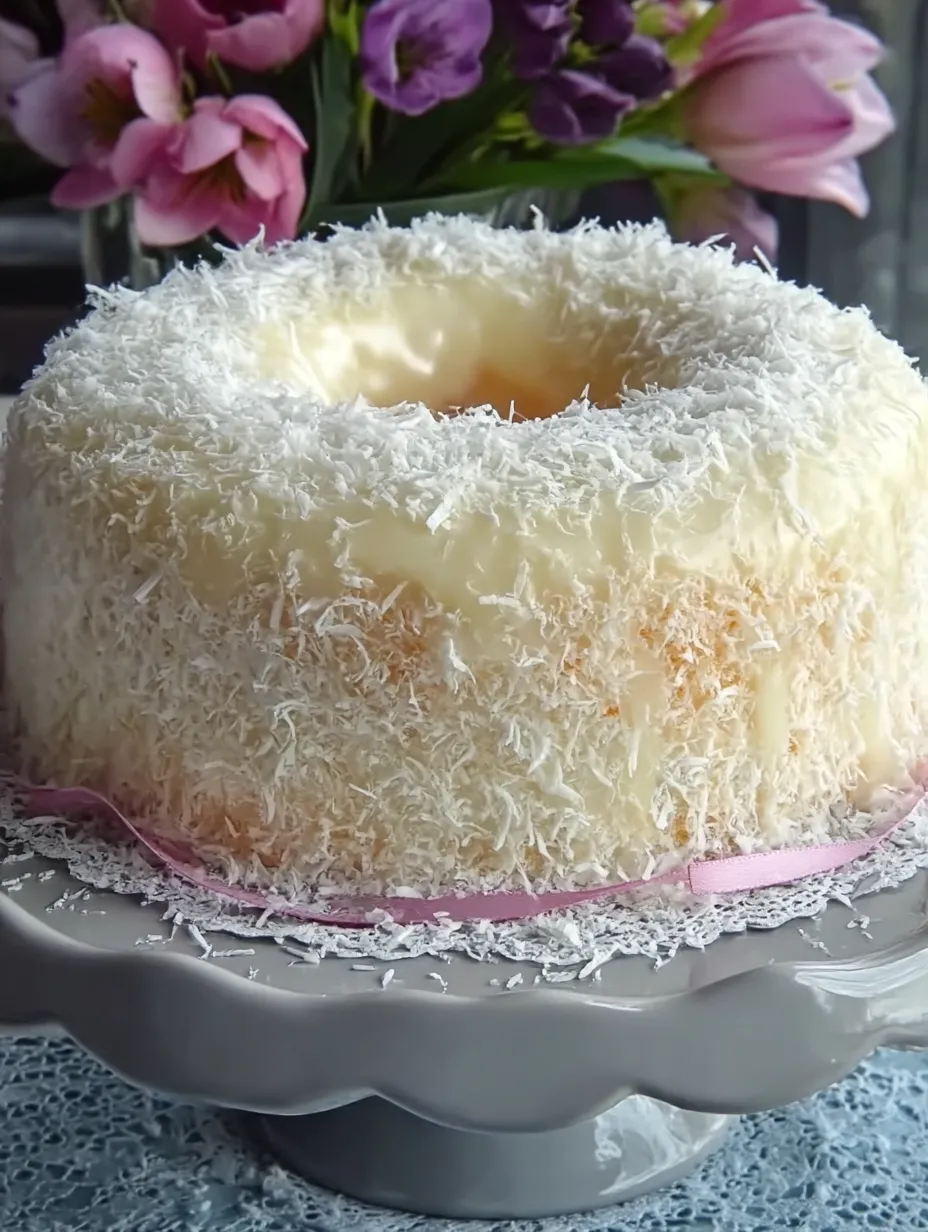 This is a cake piled high with coconut and creamy white topping.